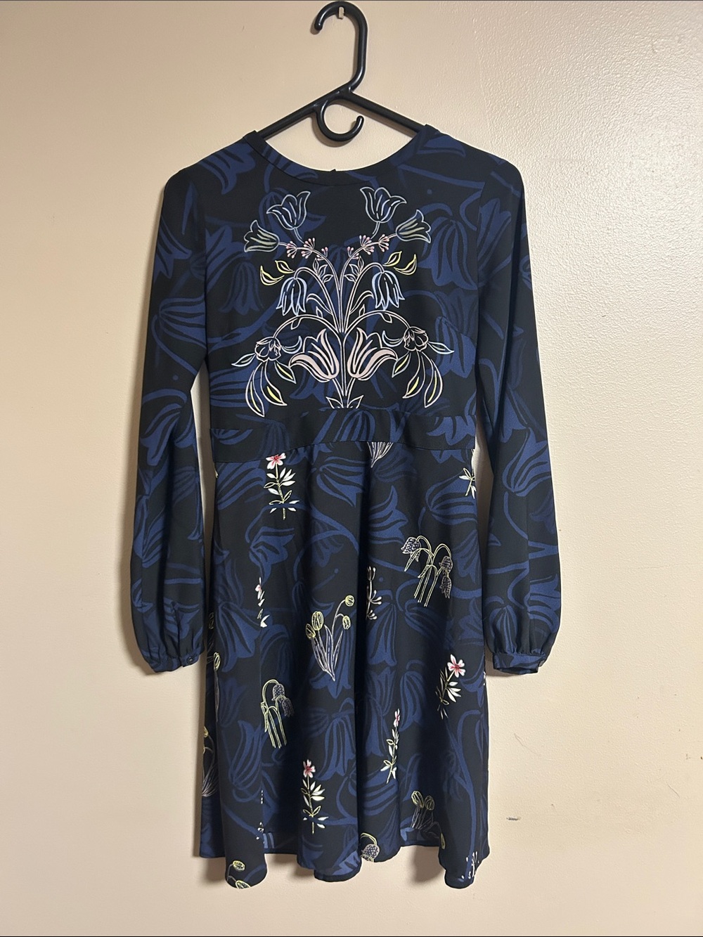 Floral Navy Long-Sleeve A-Line Dress